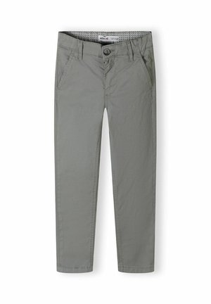 Pantalon gris à jambes droites avec fermeture par bouton et zip et poches latérales, conçu pour les enfants.
