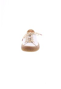 White sneaker with beige laces, rubber sole featuring circular cutouts, textured upper, and a small red accent on the lace.