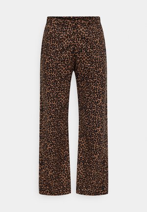 Wijde broek met luipaardprint in bruin en zwart. Elastische tailleband, gladde textuur, met een consistent dierenpatroon over de gehele stof.