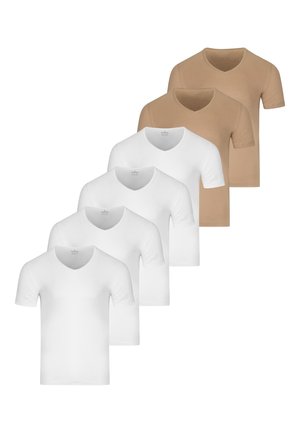 Cinque t-shirt a maniche corte con scollo a V in due colori, tre bianche davanti e due beige dietro, sovrapposte su uno sfondo bianco.