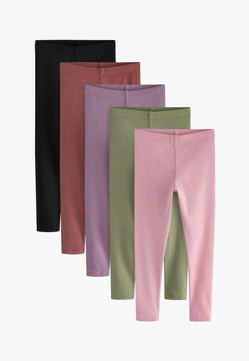Five pairs of leggings in a gradient of colors: black, rust, lavender, green, and pink, featuring a ribbed texture and elastic waistband.