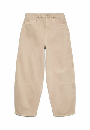Beige wijde broek met knoop- en ritssluiting aan de voorkant, riemlussen en twee voorzakken.