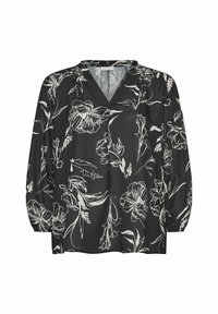 Blusa nera con motivo floreale bianco, scollatura a V e maniche lunghe a palloncino. Tessuto morbido con un design fluido e vestibilità ampia.