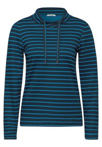 Dunkelblaues Langarm-Pullover mit horizontalen türkisfarbenen Streifen. Mit einem Stehkragen, verstellbaren Kordeln und einer weichen Textur.