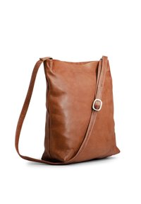 Brown leather shoulder bag with a smooth texture, rectangular shape, and an adjustable strap featuring a silver buckle detail.