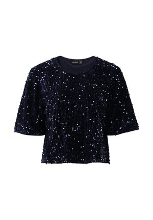 Marineblaues Kurzarmoberteil aus weichem, strukturiertem Stoff, verziert mit glänzenden Pailletten, mit rundem Ausschnitt und lässiger Passform.