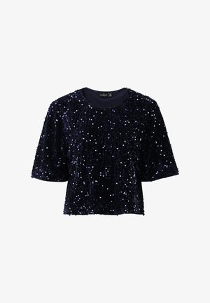 Marineblaues Kurzarmoberteil aus weichem, strukturiertem Stoff, verziert mit glänzenden Pailletten, mit rundem Ausschnitt und lässiger Passform.