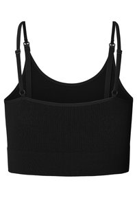 Svart ribbad crop top med justerbara axelremmar, med en mjuk textur och rak halsringning. Designad för komfort och stretch.