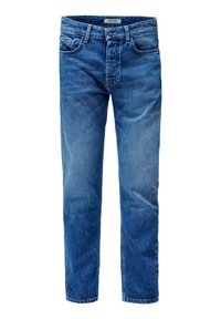 Jeans de denim azul claro con corte recto. Cuentan con cinco bolsillos, cierre frontal de botón y cremallera, y un desgaste sutil en los muslos.