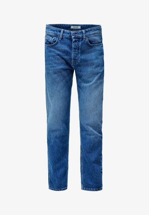 Světle modré denimové džíny s přímým střihem. Mají pět kapes, přední knoflíkový a zipový uzávěr a jemné zesvětlění na stehnech.