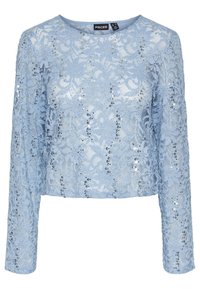 Light blue lace top with long sleeves, featuring sequin accents and a rounded neckline. Cut in a cropped silhouette for a fitted look.