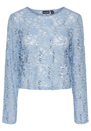 Light blue lace top with long sleeves, featuring sequin accents and a rounded neckline. Cut in a cropped silhouette for a fitted look.