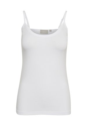 Hvid ærmeløs tanktop lavet af blødt stof; har en rund halsudskæring, tynde justerbare stropper, og et enkelt, strækbart design.