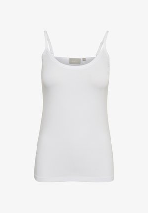 Canotta bianca senza maniche realizzata in morbido tessuto; presenta un colletto rotondo, spalline sottili regolabili e un design semplice e stretch.