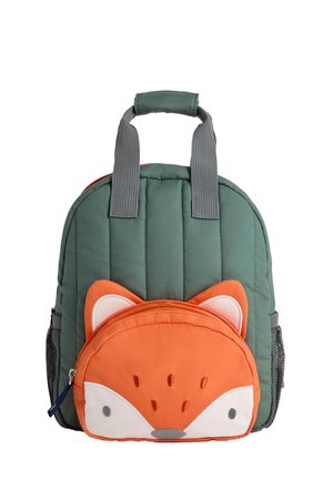 Green padded backpack with gray handles and front pocket designed as an orange fox face with ears and embroidered details.