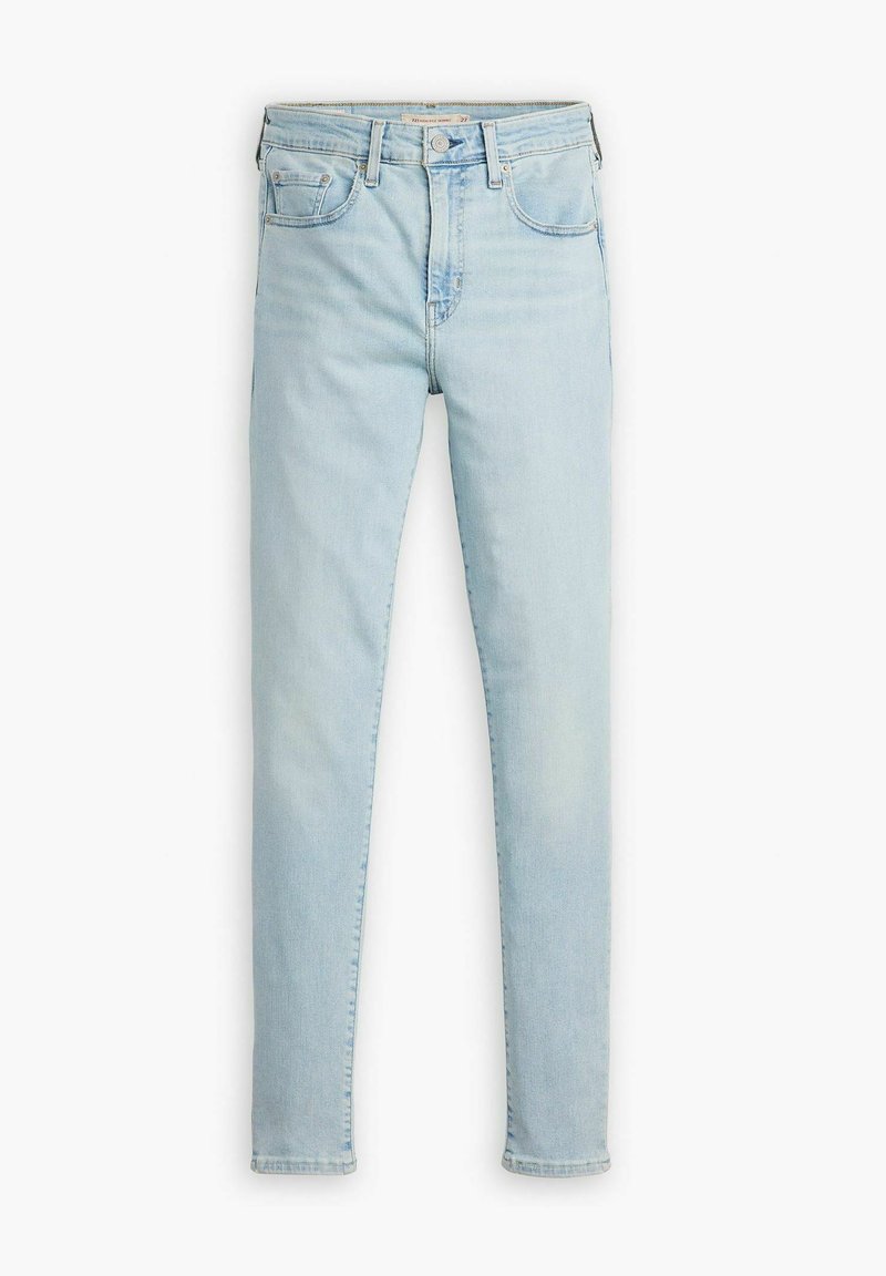 Hellblaue Denim-Jeans im Slim-Fit-Stil, mit Fünf-Taschen-Design, sichtbarem Nähen und Knopfverschluss. Angenehme Textur mit verwaschenen Stellen.