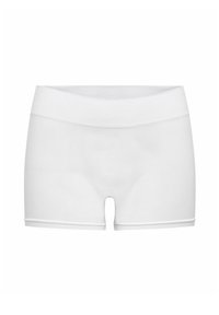Hvide sømløse shorts med en bred elastisk talje, midt-lår længde, glat tekstur og en central udskæringsdetalje foran.