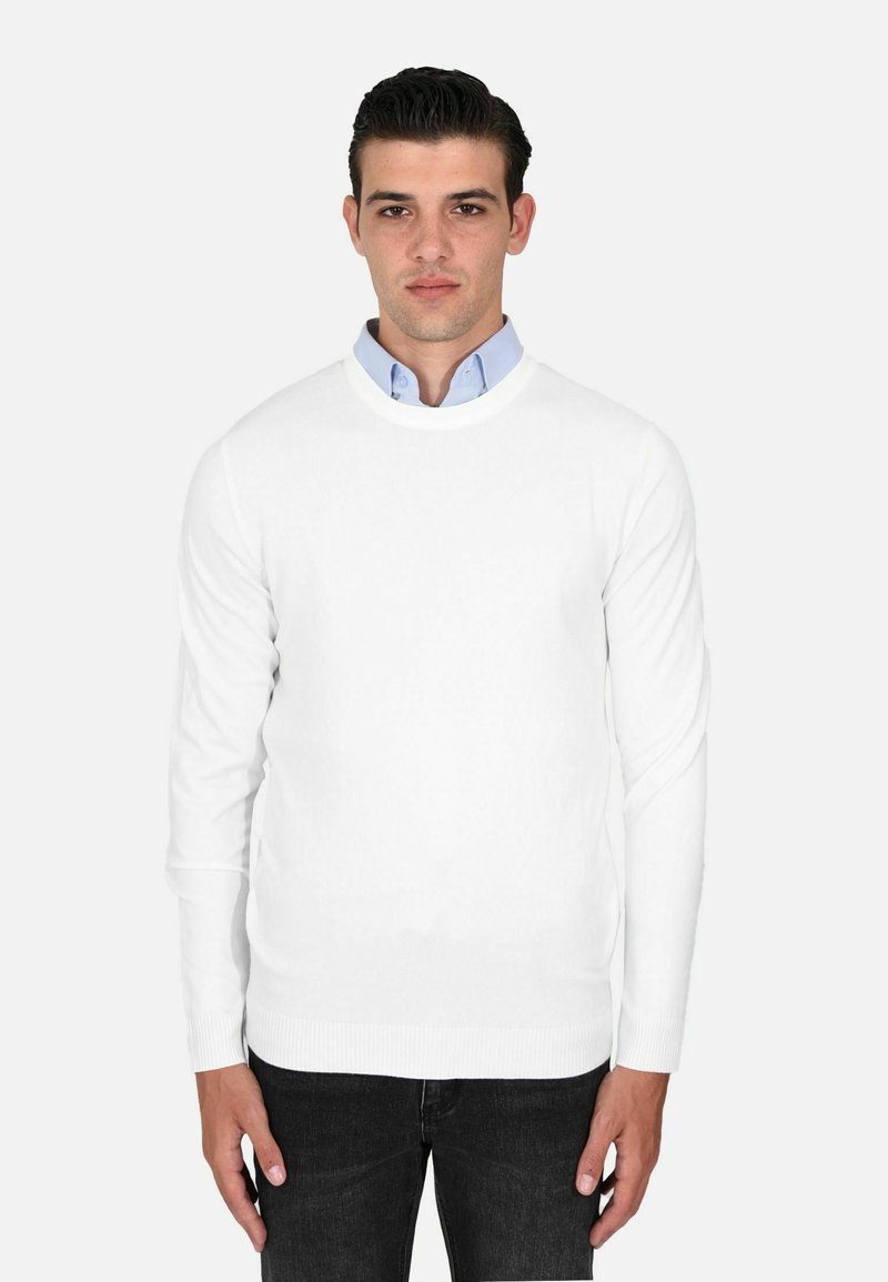 Maglione bianco a maglia con maniche lunghe e orlo a coste. Indossato sopra una camicia colletto azzurra, presenta un design classico a girocollo.