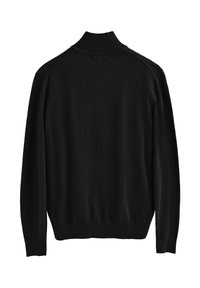 Svart långärmad tröja med ribbad hög hals, muddar och nederkant, visad bakifrån mot en vit bakgrund.