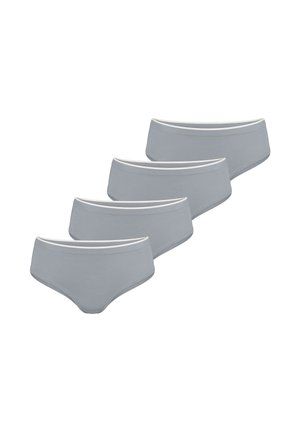 Szare bawełniane szorty chłopięce o gładkiej fakturze, z białym kontrastowym pasem w talii. Cztery sztuki ułożone w nakładający się sposób.