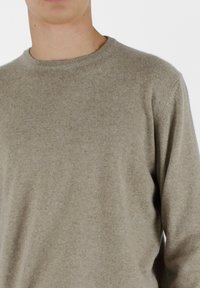 Beżowy sweter wykonany z miękkiej przędzy, z okrągłym dekoltem oraz długimi rękawami z prążkowanymi mankietami i dołem.