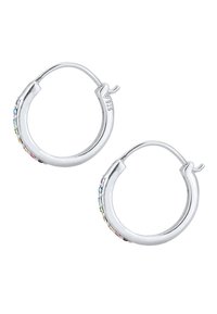 Silverörhängen med en slät, rundad form. Dekorerade med färgglada små stenar längs ena sidan. Märkta med "925" för sterlingsilver.