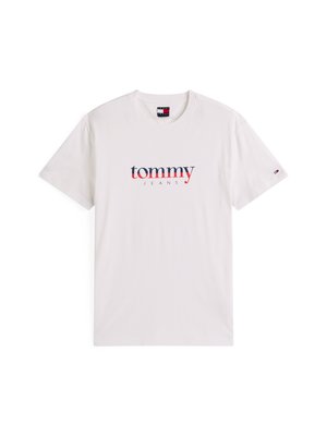 Balta kokvilnas t-krekls ar centrālu izdrukātu logotipu "tommy JEANS" sarkanā un zilā krāsā. Apaļo kakla izgriezumu un īsām piedurknēm.