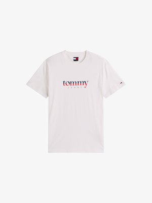 Valge puuvillane T-särk, millel on keskel trükitud logo "tommy JEANS" punase ja sinise värviga. Ümmargune kaelus ja lühikesed varrukad.
