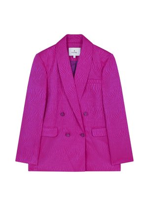 Fuchsiový dvouřadý blazer s texturovaným vlnitým vzorem, s klopeným límcem, dvěma předními kapsami a fialovými knoflíky.