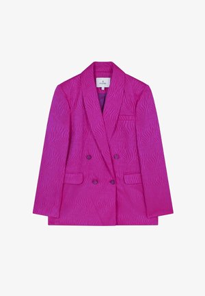Fuchsia dobbelbrystet blazer med et tekstureret bølgemønster, der har klapkrave, to forlommer og lilla knapper.