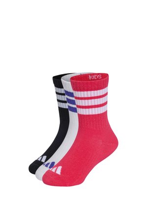Trois paires de chaussettes mi-mollet pour enfants en noir, blanc et rouge avec deux bandes blanches horizontales près du haut et un petit logo triangulaire près des orteils.