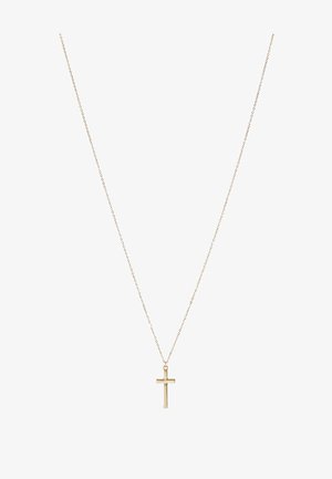 Gouden kruis hanger met een delicate ketting. Het kruis heeft een glad, gepolijst oppervlak en een minimalistisch ontwerp, waardoor de eenvoud ervan wordt benadrukt.