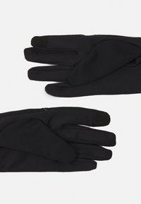 Black gloves made of a stretchy material with a smooth texture. Features a close-fitting design and touchscreen-compatible fingertips.