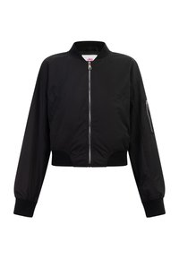 Giacca bomber nera con zip frontale, polsini e orlo a costine. Presenta una tasca laterale con zip, una texture liscia e un design cropped.