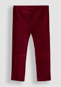 Burgunderfarbene Cordleggings mit glatter Textur, ausgestattet mit einem dehnbaren Bund und gerader Schnittführung, vor einem hellgrauen Hintergrund präsentiert.