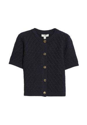 Cardigan corto blu navy a maniche corte con motivo testurizzato, bordi a costine e cinque bottoni rotondi dorati lungo il davanti.