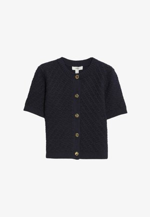 Gilet bleu marine à manches courtes avec un motif texturé, des bordures côtelées et cinq boutons ronds dorés sur le devant.
