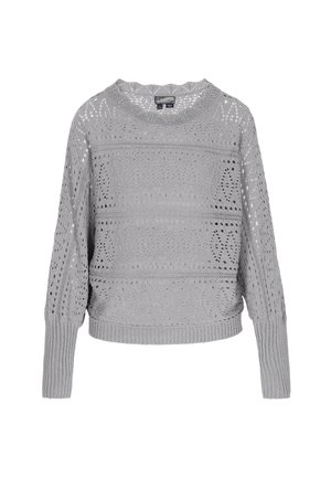 Lys grå strikket sweater med løs pasform, der har et tekstureret blondermønster, lange ærmer og ribbet kant.