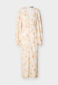 Long white dress with pale peach floral print, deep V-neck, long puffed sleeves, fitted waist, and fabric-covered buttons down the front.