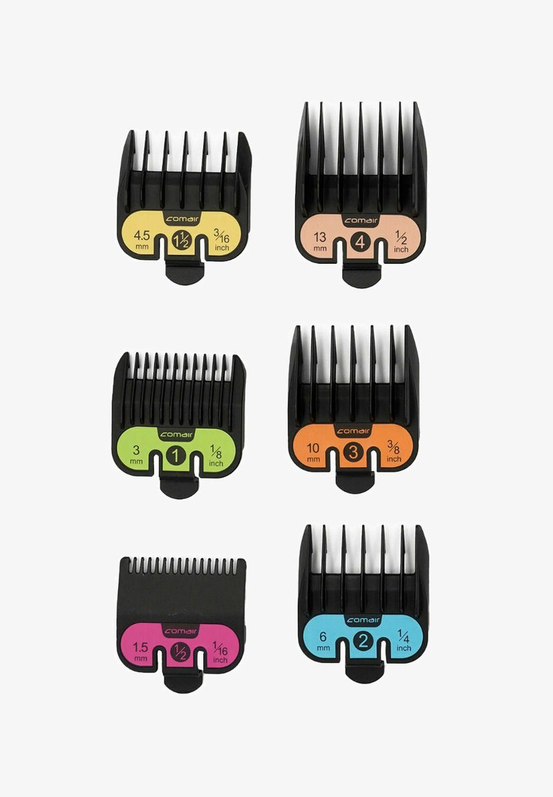 Set aus sechs schwarzen Aufsätzen für Haarschneider in verschiedenen Größen, mit farbcodierten Zahlen und Maßmarkierungen zur einfachen Erkennung.