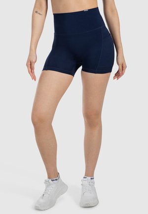 Hoge taille, marineblauwe fietsshorts van rekbaar materiaal, met een gladde textuur en zijzakken voor extra gemak.