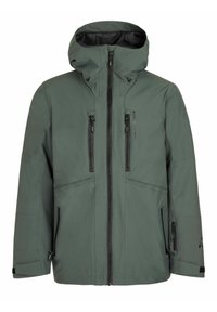 Giacca impermeabile verde con cappuccio, dotata di molteplici tasche con zip, una texture liscia e cuciture rinforzate lungo le cuciture.