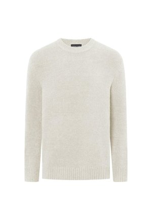 Light gray crew neck sweater with long sleeves and ribbed cuffs and hem, displayed on a white background.
