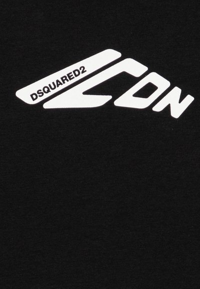 Čierne bavlnené tričko s výraznou bielou grafikou loga, na ktorom je napísané "DSQUARED2 ICON" v štylizovanom písme.