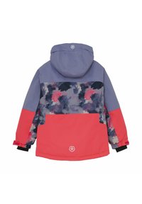 Bunte Winterjacke mit Kapuze in einem lila, rosa und schwarzen abstrakten Muster. Verfügt über elastische Bündchen und ein Logo am Saum.