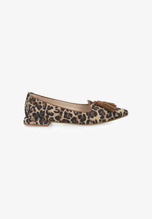 Leopard print pointed-toe flat with low block heel and brown tassel detail on top, side view on white background.