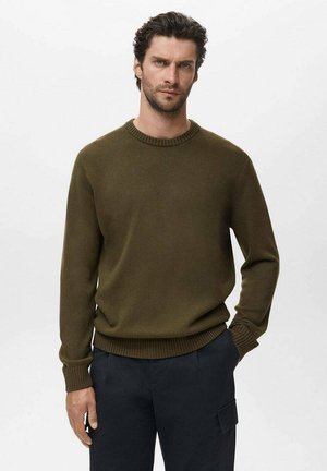 Olijfgroen gebreid sweater met een ronde hals en geribbelde mouwen en zoom. Model draagt donkere broek; effen achtergrond.