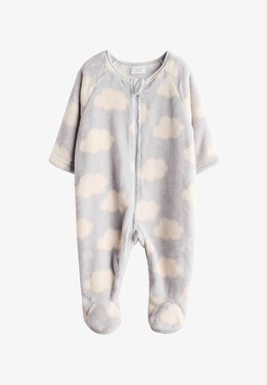 Grau gefütterter Overall mit hellbeigem Wolkenmuster, langen Ärmeln, Druckknopfverschluss und geschlossenen Füßen für Wärme und Komfort.