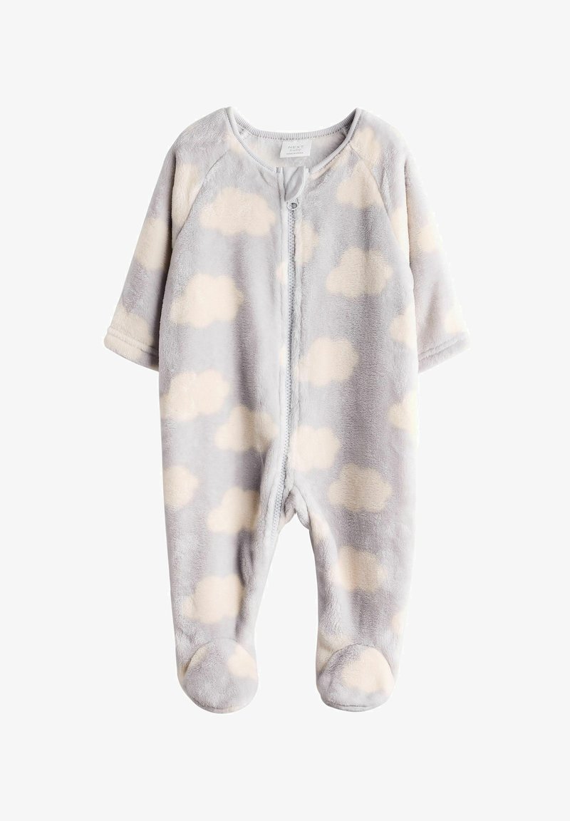 Hallitusest fleece üksikasjalik üleriide, millel on kerge beež pilvemuster, pikad varrukad, nupuga sulgemine ning suletud jalad mugavuseks ja sooja hoidmiseks.