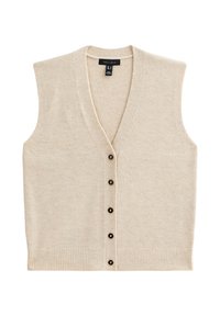 Gilet lavorato a maglia beige senza maniche con scollatura a V e cinque bottoni neri davanti, orlo a coste e etichetta "New Look" all'interno del colletto.